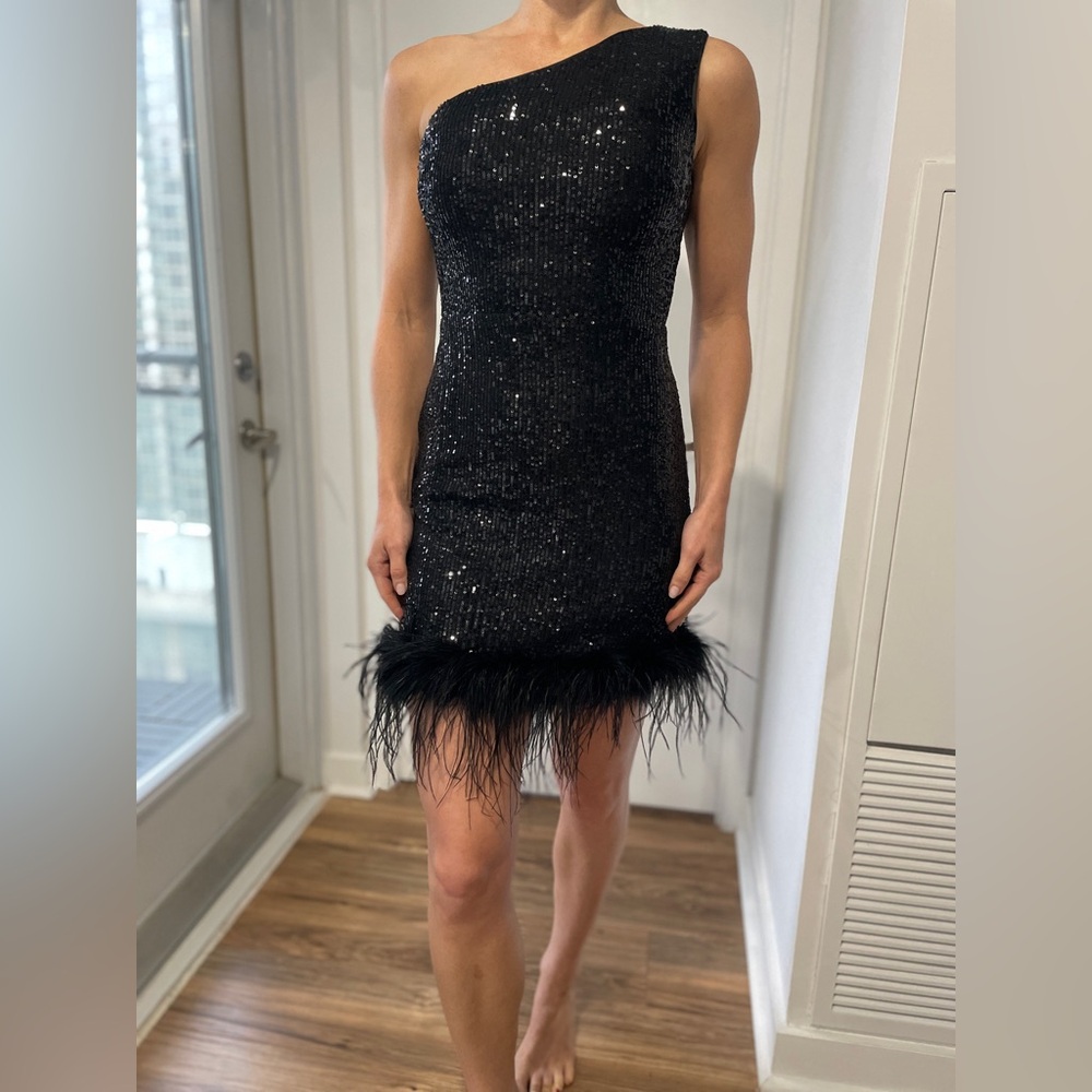 Black One Shoulder Sequin Dress With Feather Details